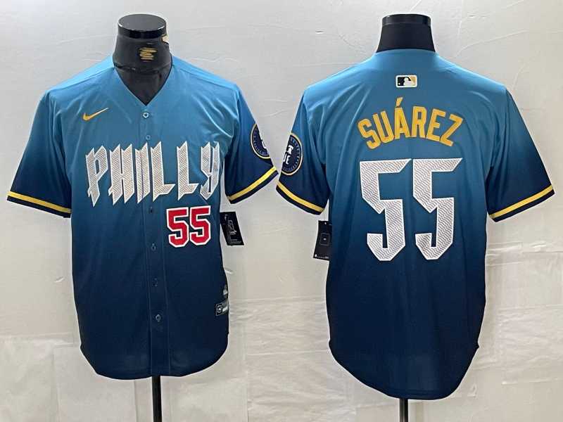 Mens Philadelphia Phillies #55 Ranger Suarez Blue 2024 City Player Number Cool Base Jerseys->philadelphia phillies->MLB Jersey